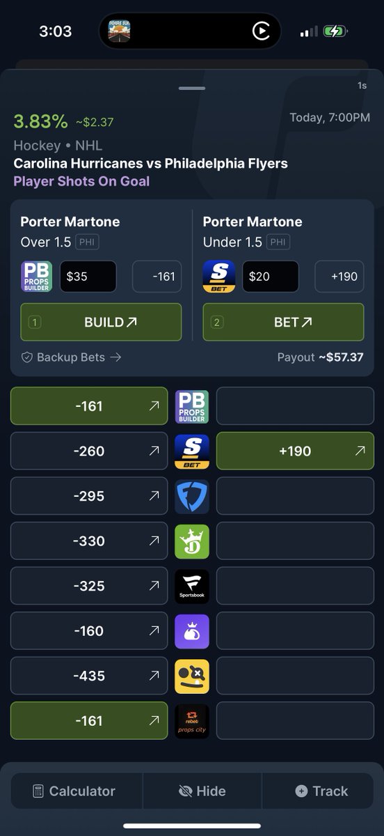 JediMindPicks's tweet photo. 🚨Bet🚨

Porter Martone over 1.5 shots on goal🔥

Found this on the @OddsJam  Arbitrage page

PropsBuilder has the over 1.5 shots much cheaper here

Offering a direct arb, but I’m playing this one straight

This is why I stay on these pages
Edges pop up constantly

Give Arbitrage and +EV betting a try free 👇
https://t.co/1VGuVr9d5b
Code JEDIMINDPICKS for 35% off