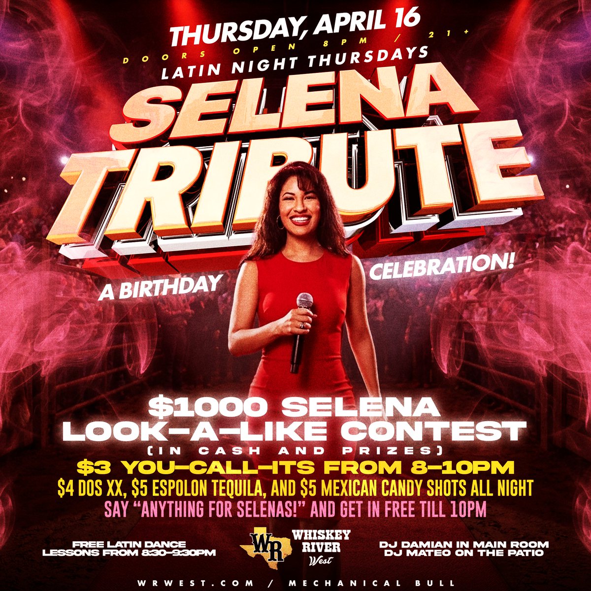 It's that time again! 🎉 Join us Thursday for our Selena Tribute! 💃✨ We’re running a $1,000 Selena look-alike contest — don’t forget to shout, "ANYTHING FOR SELENAS!" to get in free till 10! 🎤💰 Call or text 713-330-9291 for all your party needs. Can’t wait to see you here! 🎉