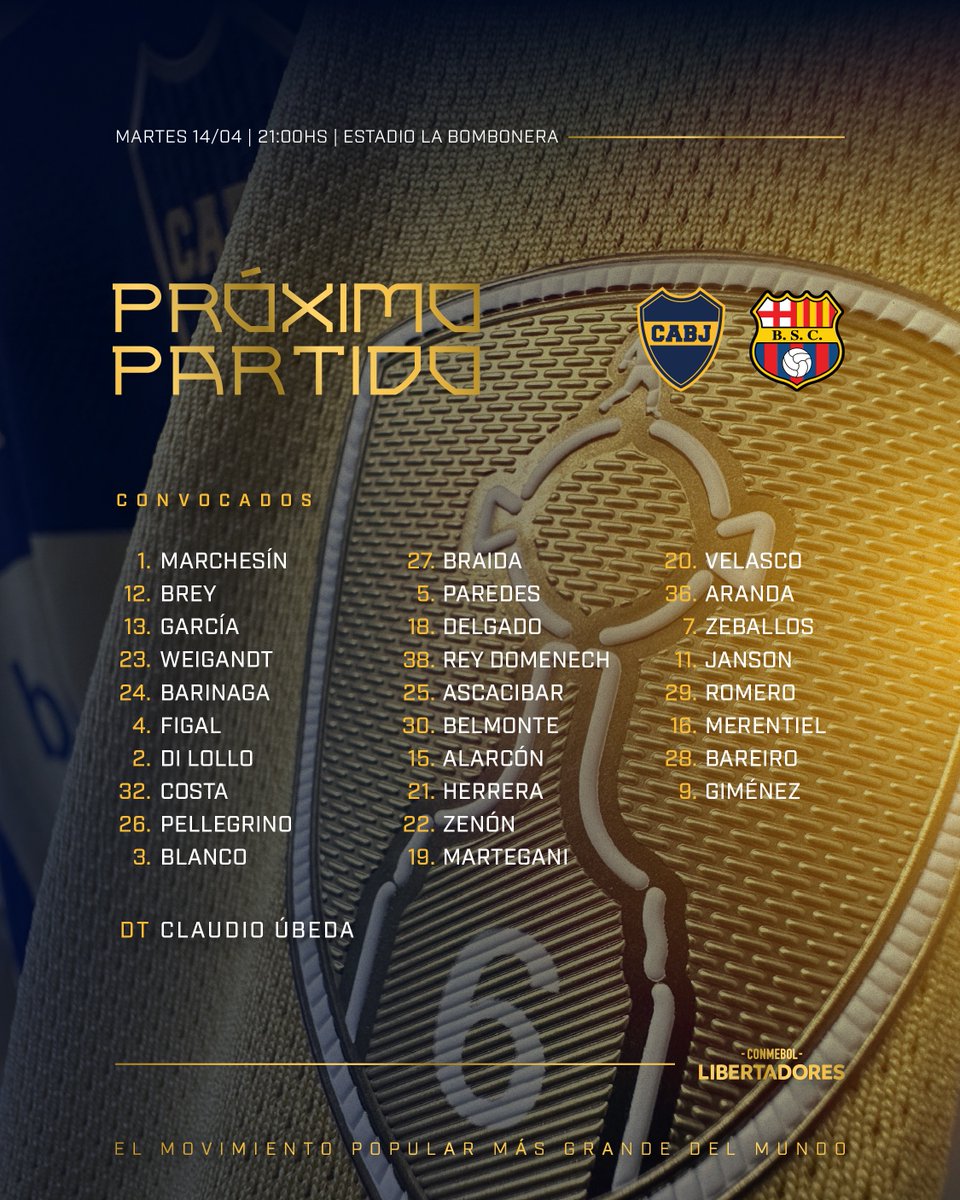 BocaJrsOficial's tweet photo. 🔜 ¡𝗣𝗥𝗢́𝗫𝗜𝗠𝗢 𝗣𝗔𝗥𝗧𝗜𝗗𝗢!

🏆 #Libertadores
🆚 Barcelona SC
🗓 Martes 14/04
🕙 21:00
🏟 La Bombonera
💻 @elcanaldeboca

#DaleBoca 🔵🟡🔵 https://t.co/G8assRjvON