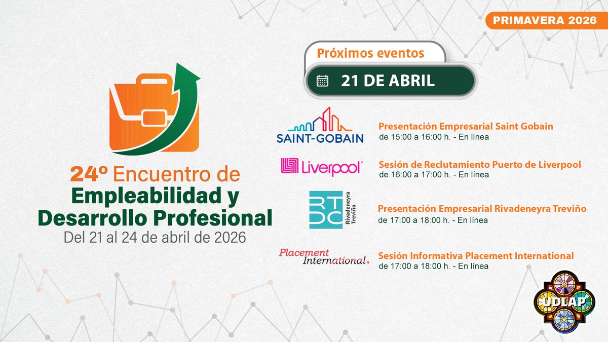 CDP_UDLAP's tweet photo. El 21 de abril iniciamos la feria de empleo con un día totalmente en línea, dedicado a sesiones de reclutamiento y eventos virtuales que te conectarán directamente con empresas disponibles para conocerte.
Conoce más: https://t.co/CnBQPHhAo9 
#UDLAP #CEDPUDLAP #EmpleabilidadUDLAP https://t.co/44nTGxsZXd