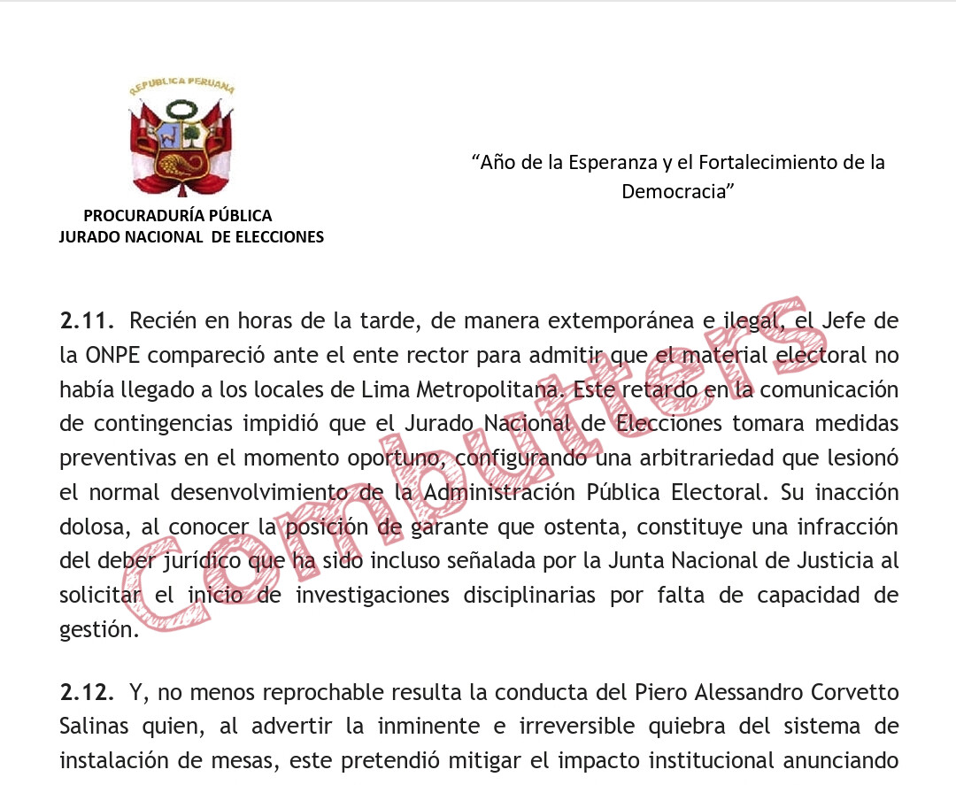 La denuncia ante <a href="/FiscaliaPeru/">Ministerio Público</a> que pone el JNE, es clarísima.

Piero Corvetto actuó de manera negligente, evitando tomar medidas inmediatas. La denuncia es contundente 👇🏾