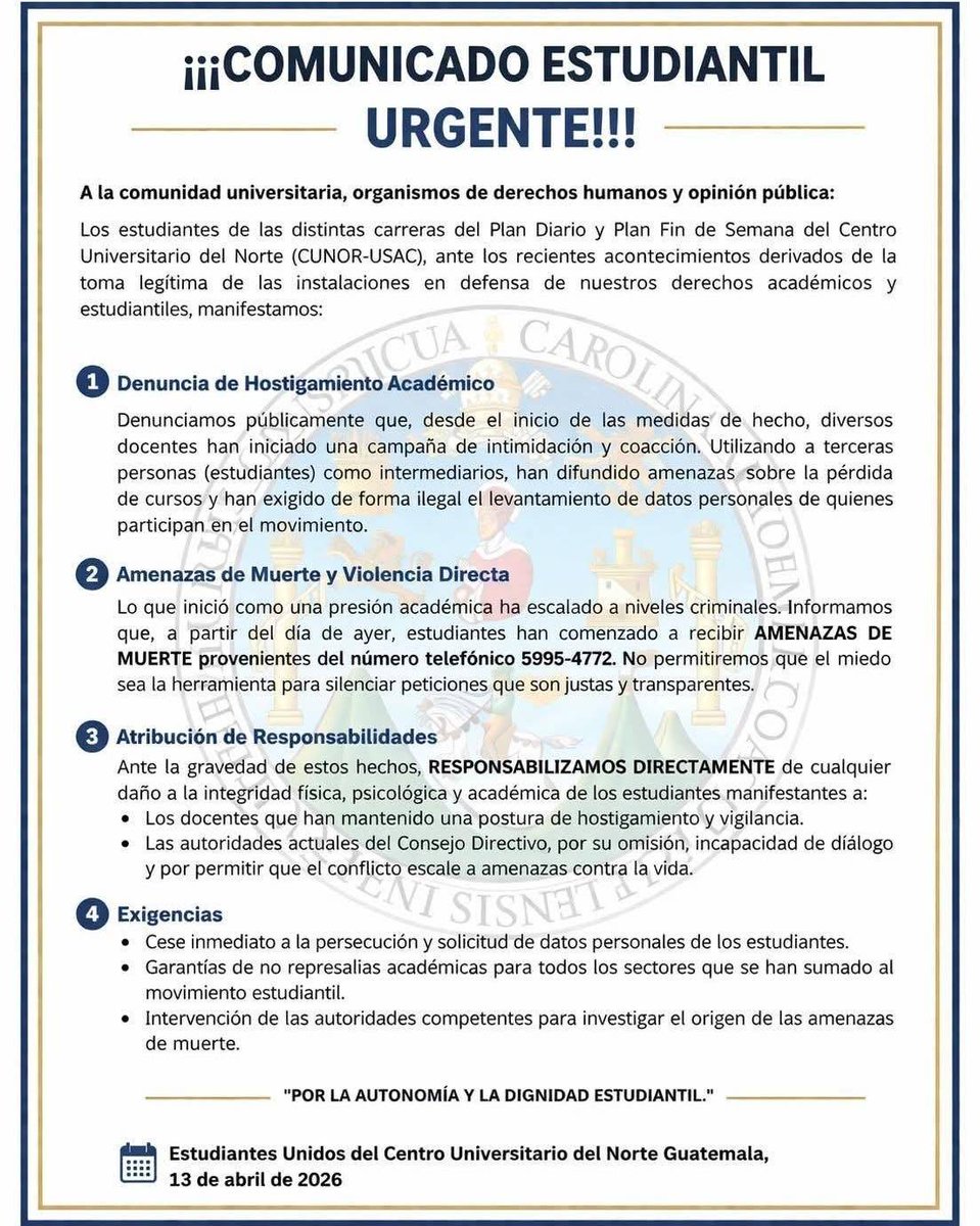 PrensaComunitar's tweet photo. #FraudeUSAC Los estudiantes del CUNOR denunciaron hostigamiento académico  y amenazas de muertes tras la toma del centro universitario en recha a la imposición de Walter Mazariegos como rector https://t.co/OLuSG8dD9i