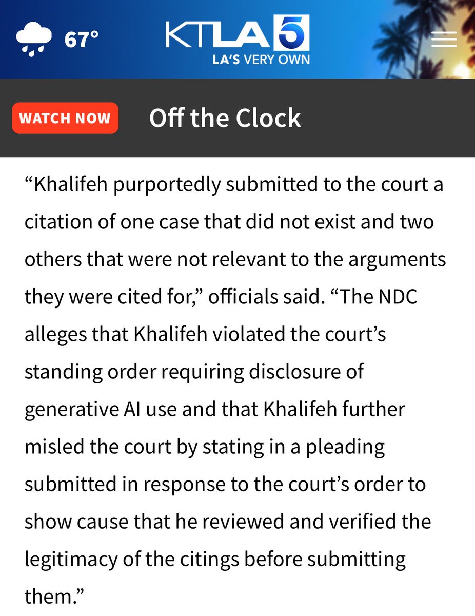 KTLA report on California attorney charged for submitting AI-generated fake case citations