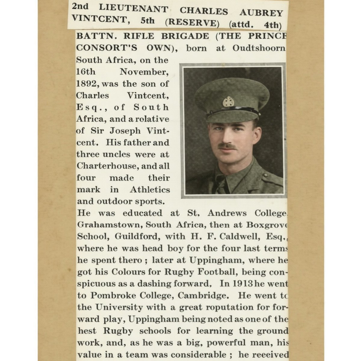BritishHistorym's tweet image. Remembering Second Lieutenant Charles Aubrey Vintcent 🙏🇬🇧 

5th (Reserve) atached 4th Battalion, Rifle Brigade (The Prince Consort's Own).

Death: 13 April 1915. At Ypres, Western Front.

#lestweforget #remembrance