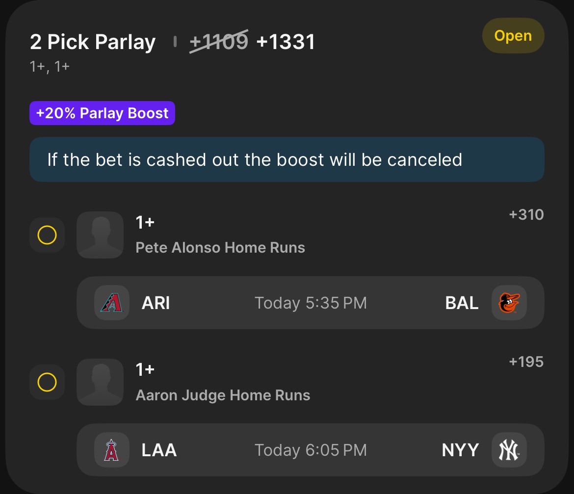 HITS/HR PARLAYS 🔥

Baldwin/Carroll/Neto 1+ Hits (.5U w/ 30% boost) 💥 

Alonso/Judge 1+ HR’s (.1U w/ 20% boost) 💣 

#BravesCountry #Dbacks #RepTheHalo #BirdLand #RepBX #Sportsbettingpicks #StatsCash
