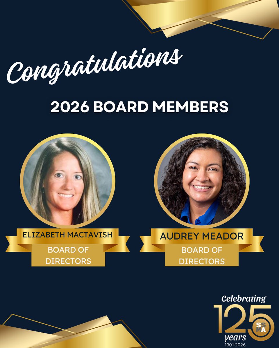 SSMA1901's tweet photo. Please join us in congratulating our newly elected board members! 🎉 We are excited for the leadership and insight they will bring to our organization. Their official board terms will begin at the conclusion of the 125th Annual Convention this November. https://t.co/vZrKO2FR54