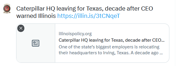 USRoute41's tweet image. This is John Deere. Caterpillar recently made the decision to leave IL for greener much friendlier pastures than #Illinois. 
That giant sucking sound you hear is more large manufacturers leaving Illinois.