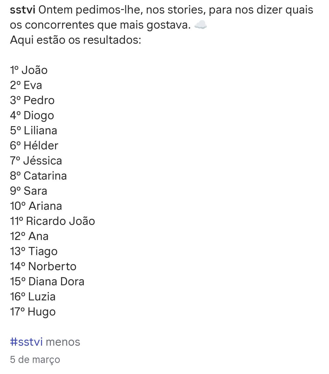 BiggieSister's tweet photo. "As pessoas só gostam da Eva porque foi traída".
Este é o ranking de popularidade da segunda semana. A Eva já era uma das preferidas do público. 
(E sim, o grande jogador Hugo está em último lugar). #sstvi https://t.co/s1HHuUvrVU