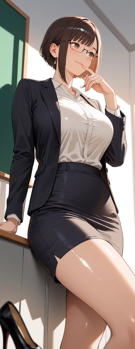 illust_gallery's tweet image. 放課後の静かな教室。眼鏡をかけた先生が、ふと見せた大人な表情。この後の展開は…？

眼鏡とお姉さんの組み合わせ、最高ですよね。光沢感のある衣装と美脚にも注目です。

#AIart #AIイラスト #OL #先生