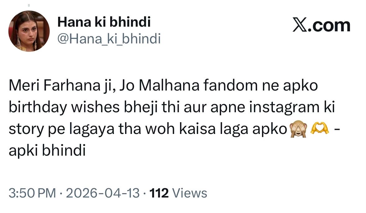 Hana_ki_bhindi's tweet photo. I’m soo happy today even though I didn’t get the mic, Farrhana liked this comment this means a lot to me and our Malhana fandom. So glad you loved the letters wishes we sent❤️🙈- apki bhindi https://t.co/bqsSRFnIb7