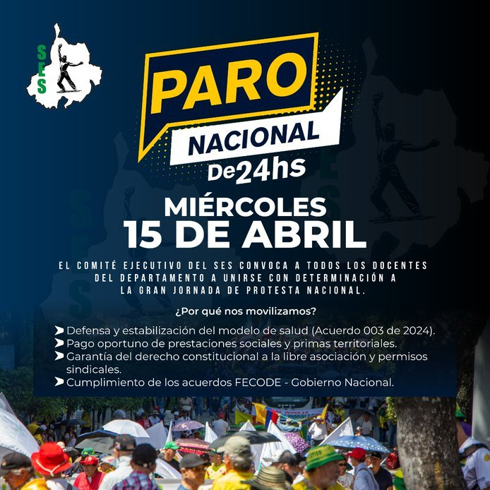CaracolBga's tweet image. #Paro | El sindicato de educadores de Santander confirmó participación en el paro nacional este 15 de abril. No habrá clases ese día en los colegios oficiales.