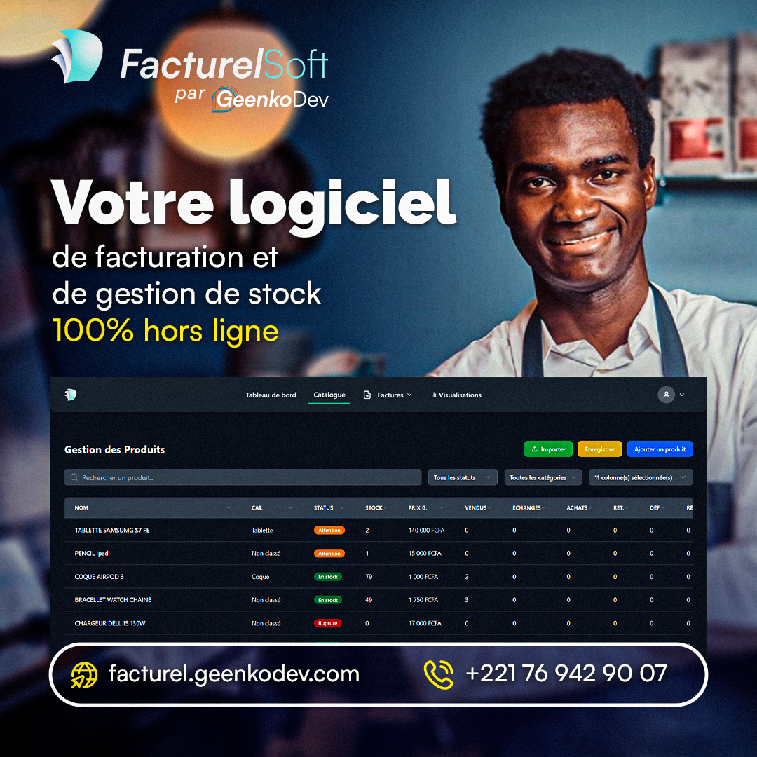 GeenkoDev's tweet photo. 🚀 Simplifiez la gestion de votre commerce.
Facturel Soft vous aide à garder le contrôle, chaque jour.

�� +221769429007 (WhatsApp)
🌐 https://t.co/2S3niARPuT

#FacturelSoft #GeenkoDev #GestionDeStock https://t.co/Sxe9hbVML3