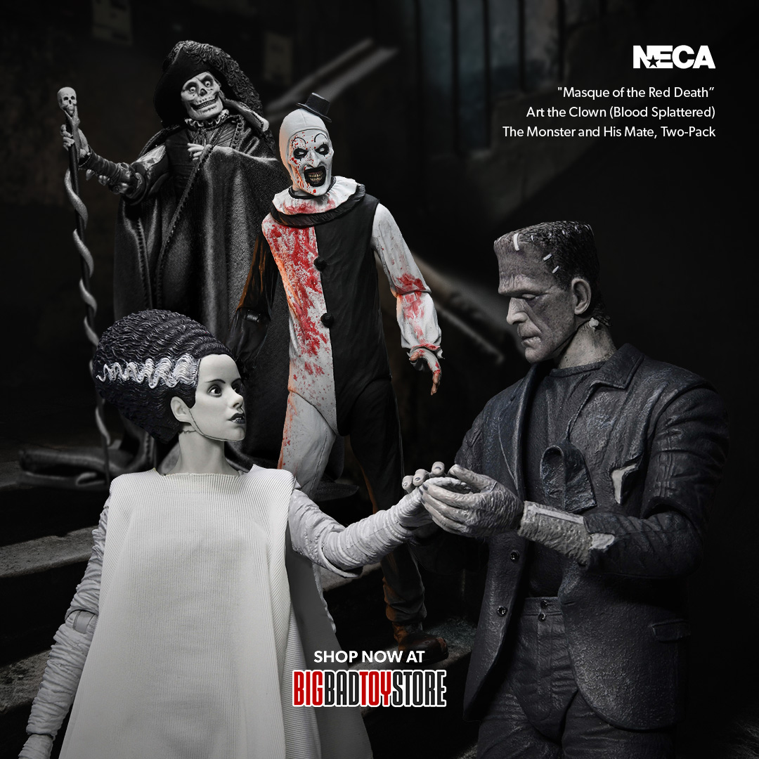 BigBadToyStore's tweet image. NECA is bringing the chills with a killer lineup! 
Universal Monsters Bride of Frankenstein Two-Pack 🎭 Phantom of the Opera “Masque of the Red Death”  , Terrifier 2 Ultimate Art the Clown 
👉 Pre-order now: link.bigbadtoystore.com/19y 
@NECA_TOYS 
#NECA #UniversalMonsters