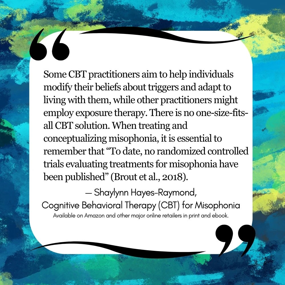 MisophoniaInt's tweet image. Cognitive Behavioral Therapy (CBT) for Misophonia is available now- get your copy in #ebook or #print from your favourite #book retailer here: misophoniacbt.com (or 🔗🌲) #CBT #Misophonia #cognitivebehavioraltherapy #therapistresources