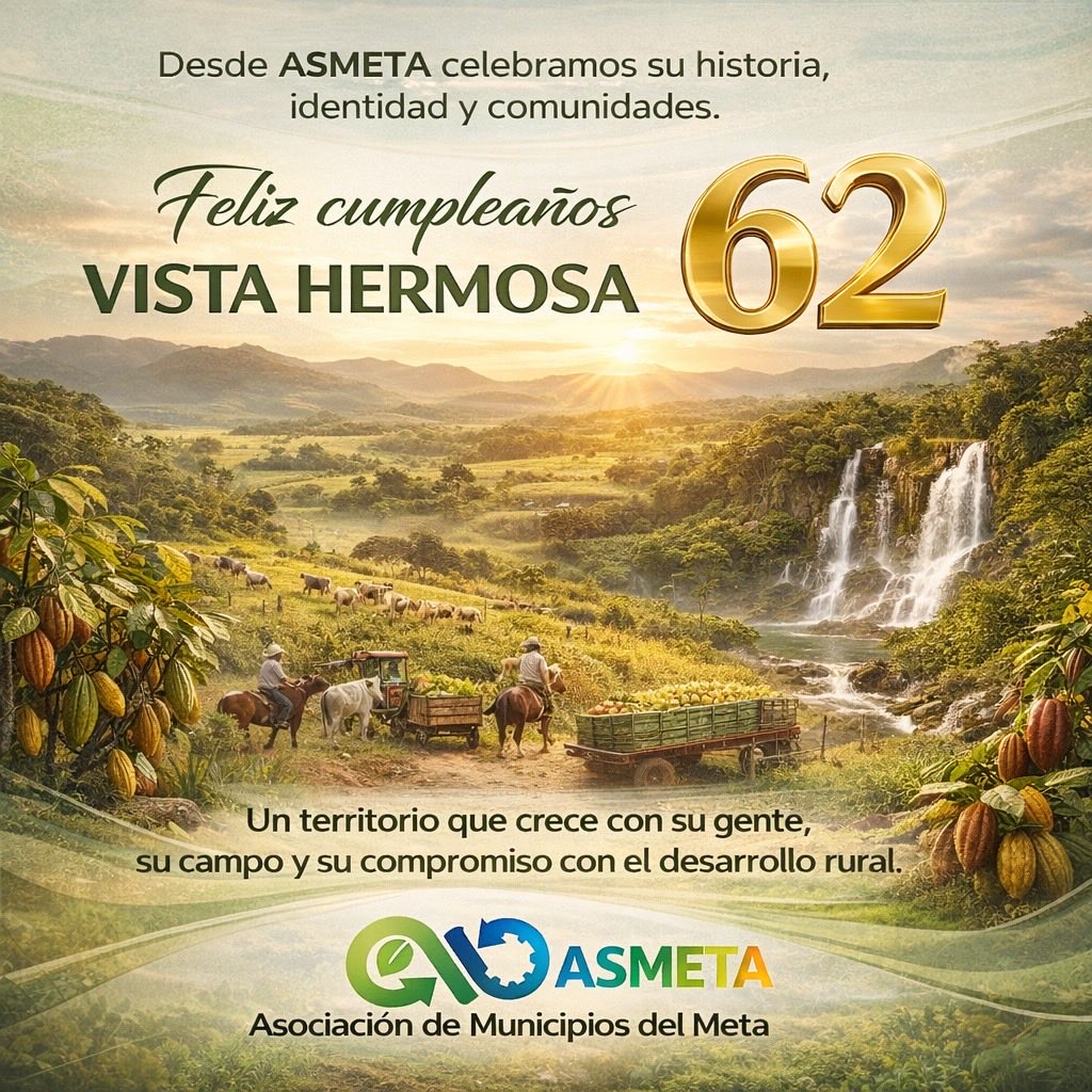 Hoy celebramos con orgullo los 62 años del municipio de Vista Hermosa 🎉

Desde Asmeta exaltamos la historia, la cultura y la resiliencia de su gente, que día a día construye un territorio lleno de esperanza, desarrollo y oportunidades.

¡Felices 62 años, Vista Hermosa! 💚