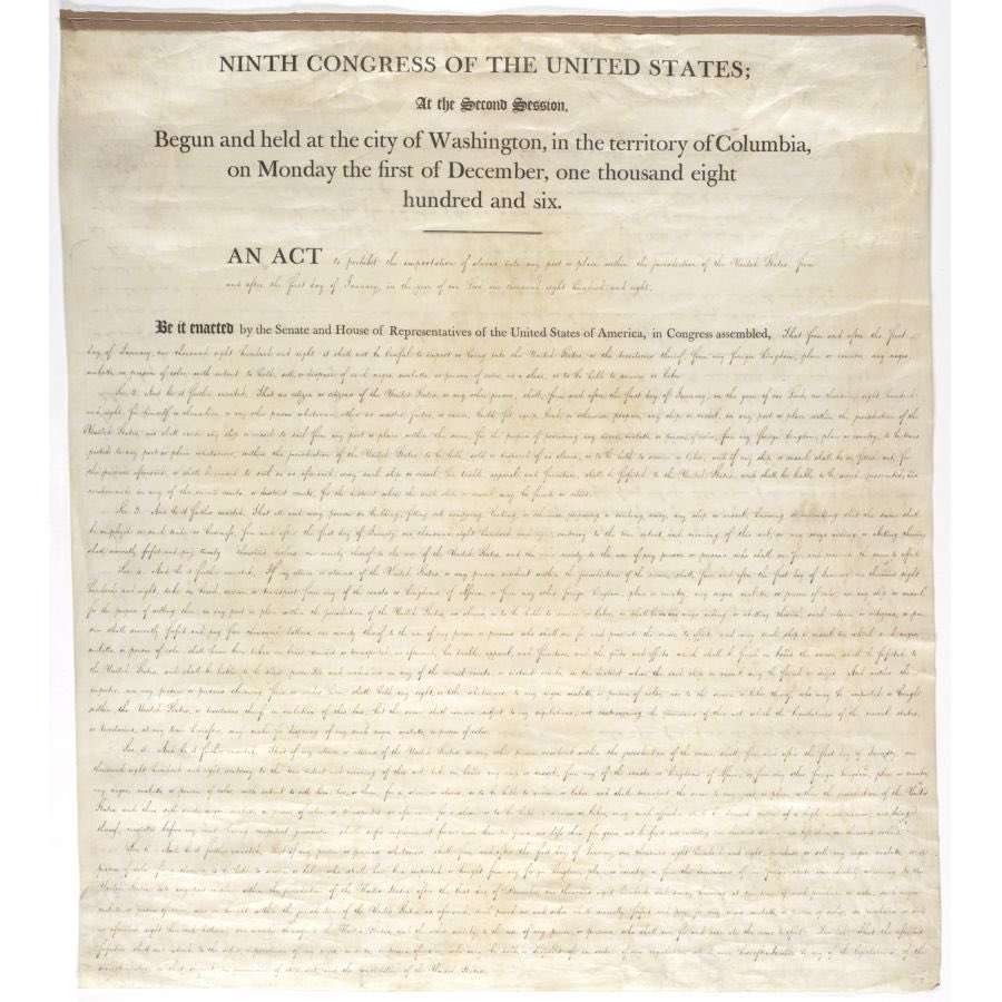 PrezWisdom's tweet image. "Be it enacted, That from and after 1 Jan 1808, it is unlawful to import into the US...any negro, mulatto, or person of colour as a slave, or to be held to service or labor."
- "Act to Prohibit the Importation of Slaves”
Signed into law by Thomas Jefferson 🇺🇸

#POTUS 🎂🎈