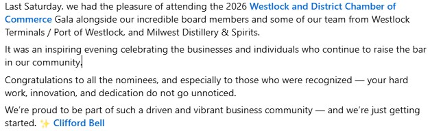 WTLTerminals's tweet photo. Last Saturday, we had the pleasure of attending the 2026 Westlock and District Chamber of Commerce Gala.
#CommunityStrong #BusinessExcellence #ProudToBeLocal #OnlyTheBeginning #WestlockTerminals #WTLTerminals @WTLTerminals #PortOfWestlock #MilwestDistillery @MilwestSpirits https://t.co/HXx2dhj7Dj