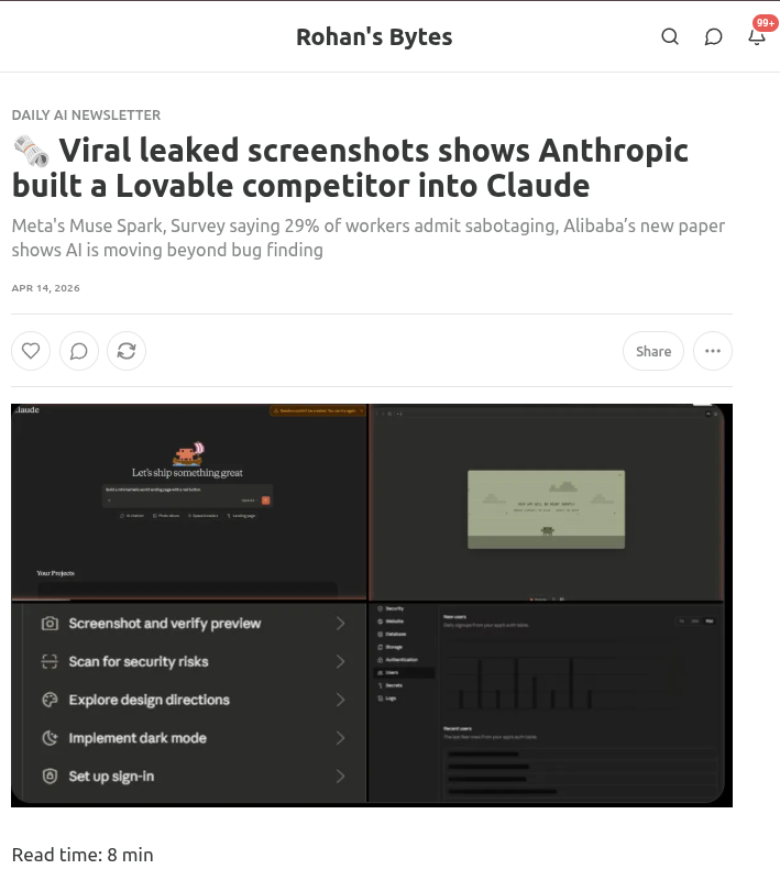 Leaked screenshots showing Claude with app-building features including screenshot preview, security scanning, and design exploration
