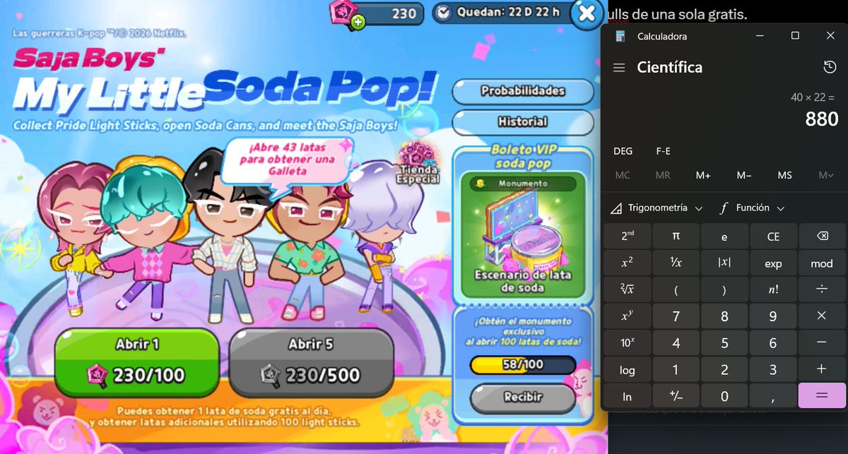 aiemtrai's tweet image. 22 pulls por dia gratis
40 lightsticks de la tienda x 22 días, alcanza solo una 1 pull de 5 (Sobran 380)
Mas 230, otra pull de 5, sobran 110

22 x 100 diarios que se pueden comprar, 4 pulls de 5, sobran 310
3 pulls
...

No, no hay forma que los consiga a todos. te odio devsisters