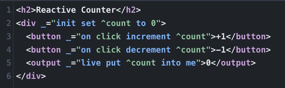 htmx_org's tweet image. now, please indulge me as i give you a tour of new (&amp;amp; old) hyperscript features

first, let's look at basic variable reactivity:

hyperscript.org/playground/?sr…

^count is a DOM-scoped variable, available to the declaring elt and all children

live says "watch this, if any deps change,