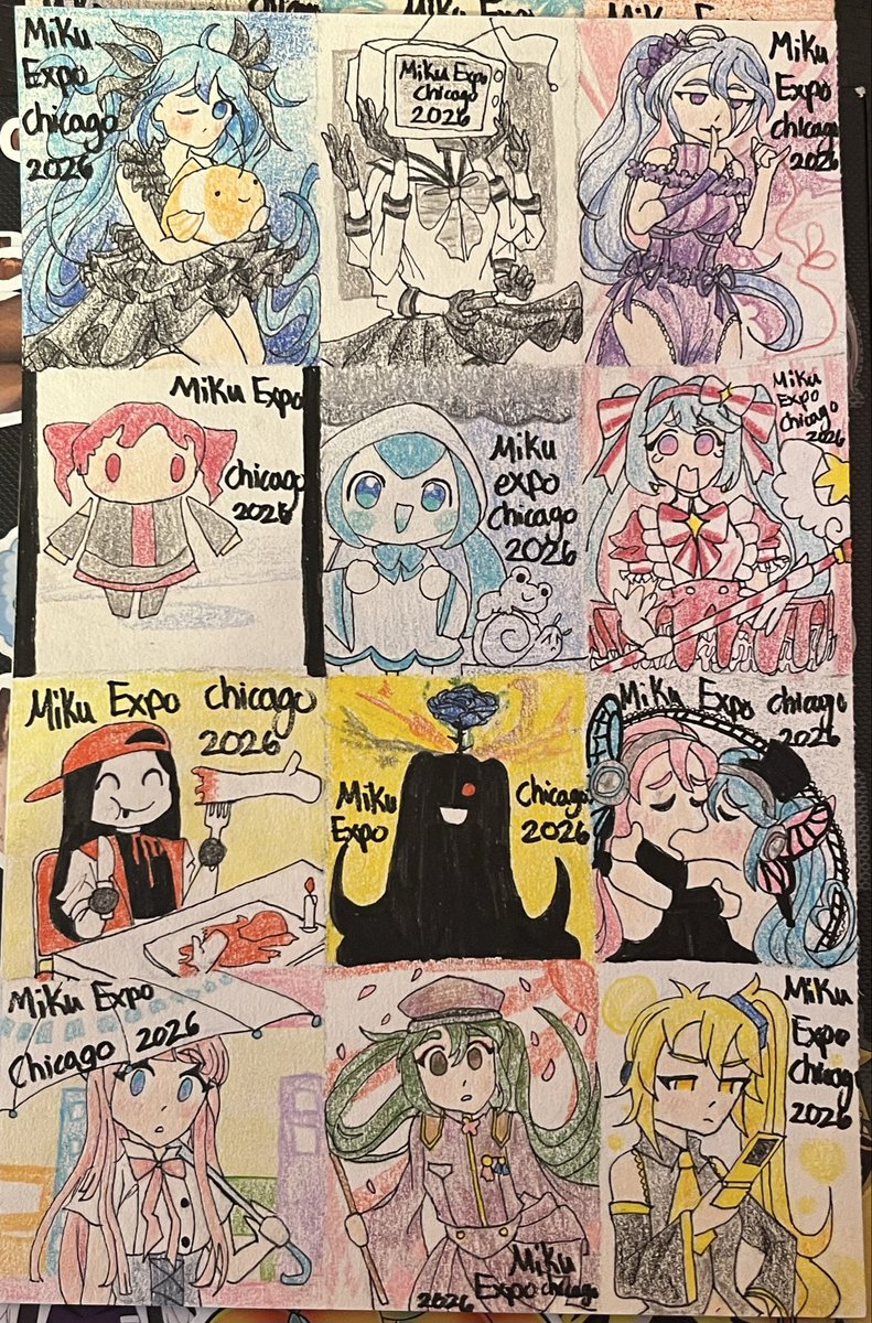 Anguwu2's tweet photo. If anyone actually sees this, I’ll be giving out miku freebies at the Chicago 13th show (so today), these will be mini cards and-(1/2) https://t.co/Fo2Vxkb24I