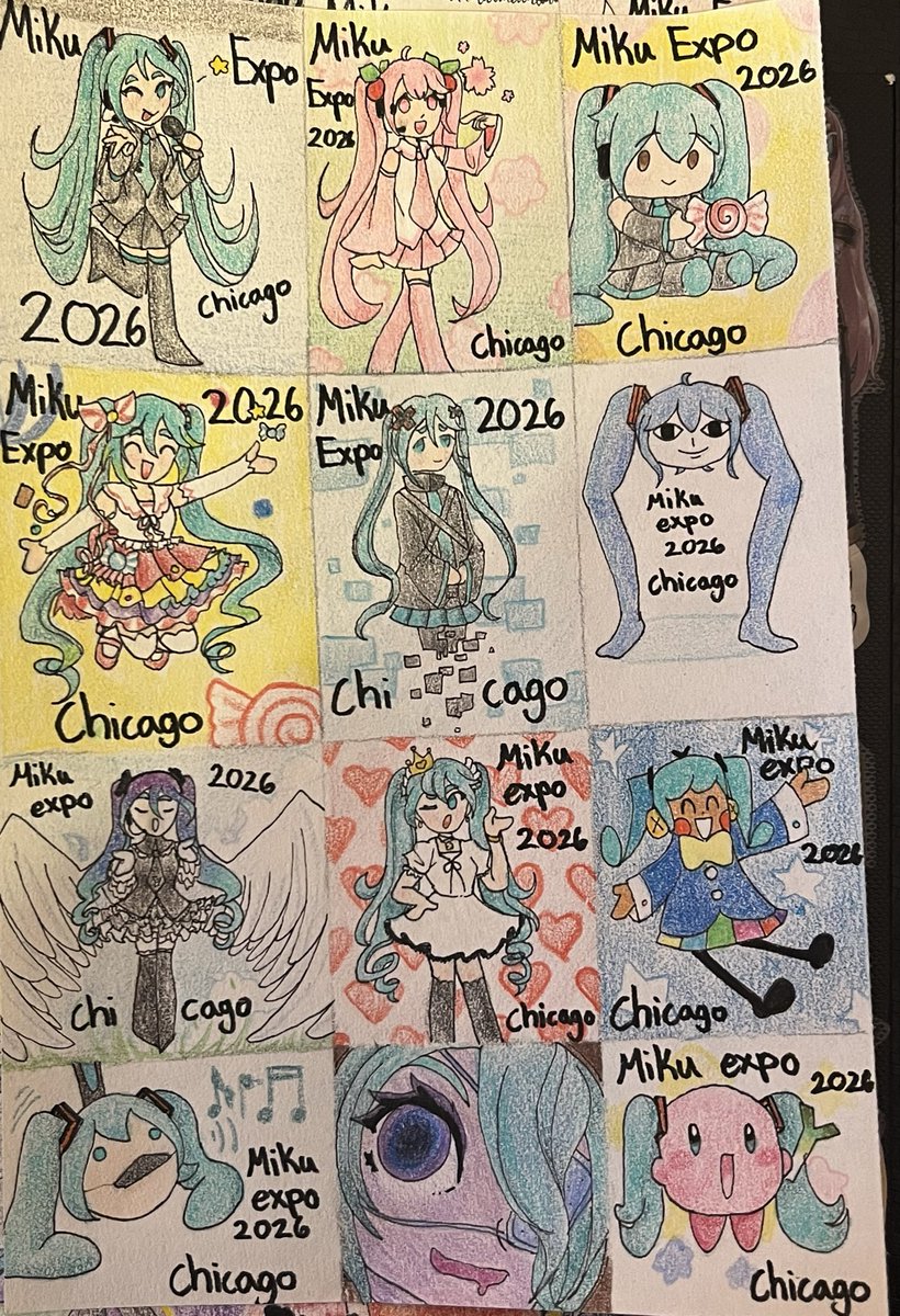Anguwu2's tweet photo. If anyone actually sees this, I’ll be giving out miku freebies at the Chicago 13th show (so today), these will be mini cards and-(1/2) https://t.co/Fo2Vxkb24I