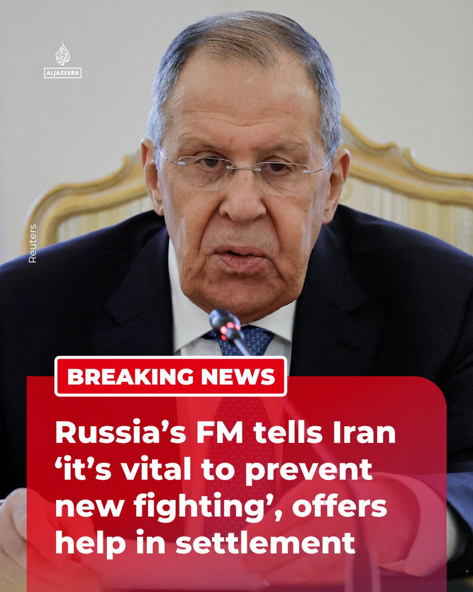 AJENews's tweet photo. BREAKING: Russian FM Sergey Lavrov told his Iranian counterpart Abbas Araghchi that it is crucial to prevent any renewed fighting, adding that Moscow stands ready to help with a settlement to the US-Israel war on Iran, Reuters reports. https://t.co/Kseogg5jiS