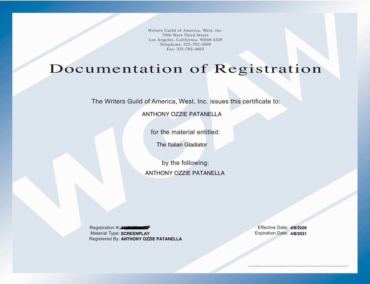 ITA_Gladiator's tweet image. Another major milestone.

The Italian Gladiator is now officially registered with the Writers Guild of America, West ✅🎬

This isn’t just an idea anymore… it’s protected, it’s real, and it’s moving forward.

From vision → legacy 🔥

🇮🇹🛡️ #ItalianGladiator #WGA #Filmmaking