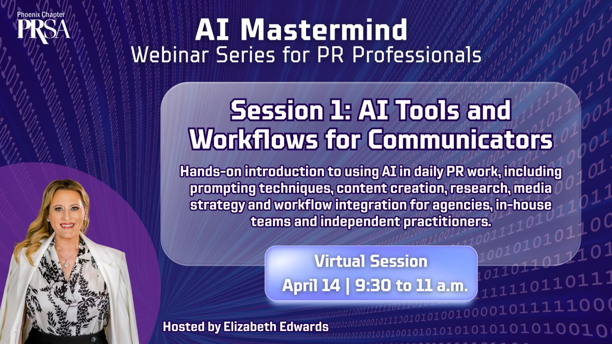 PRSAPhoenix's tweet photo. Tomorrow is Session 1 of the AI Mastermind Webinar Series for PR Professionals! Learn how to put AI to work in your daily PR activities, including creating content, streamlining research, shaping media strategies and improving workflows. 

Register: https://t.co/K0fIpboNxP https://t.co/jwOVL5pRrM