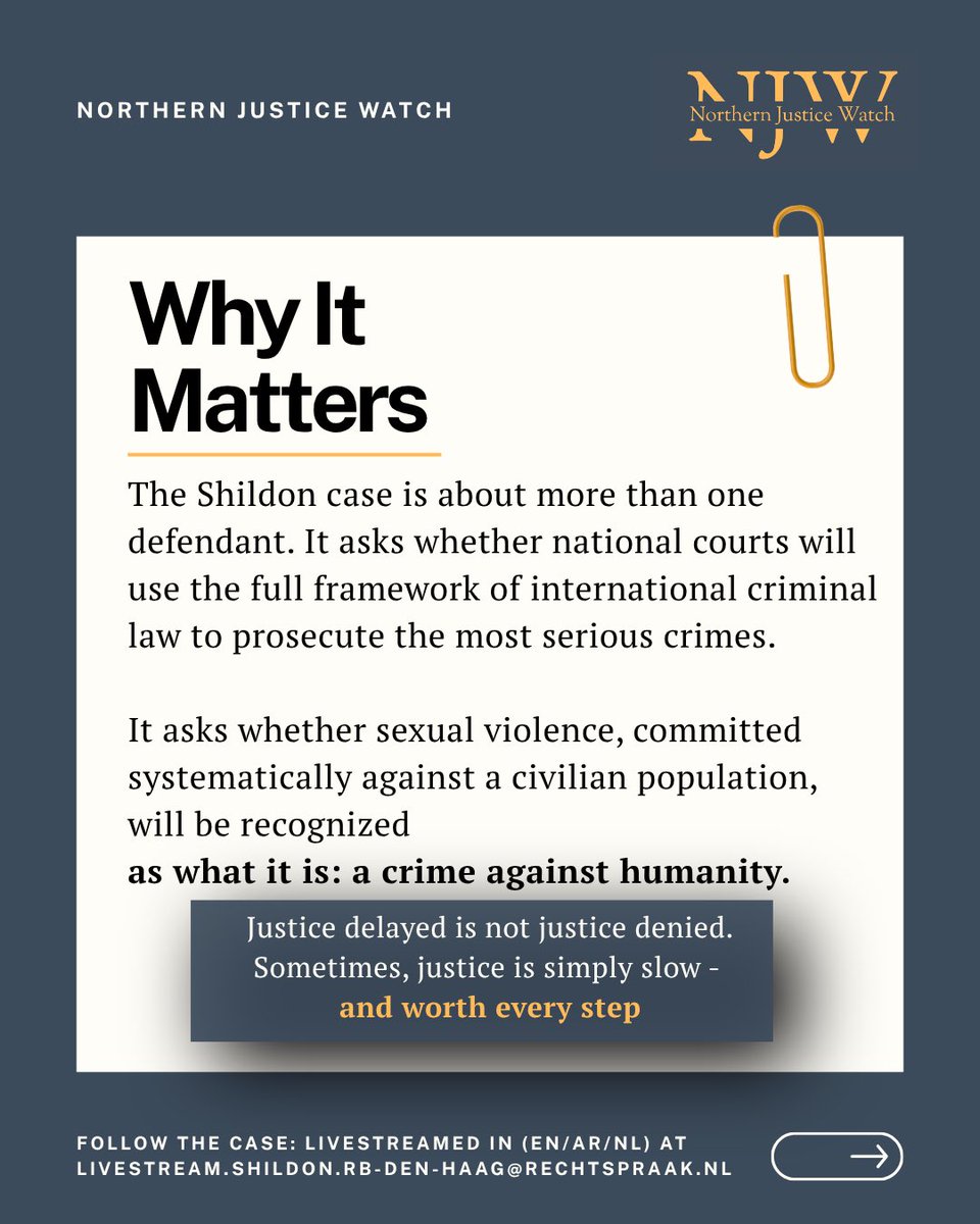 NJusticeWatch's tweet photo. A TURNING POINT IN THE HAGUE: For the first time in the Netherlands, a court is hearing charges of sexual violence as a crime against humanity. 

The Shildon case: a Syrian suspect, 25 charges, 9 named victims. Allegations rooted in Salamiyah, Syria (2013–2014).

Verdict expected 9 June 2026. ⚖️

This case is about more than one defendant. It asks whether sexual violence, committed systematically against civilians, will be recognized as what it is: a crime against humanity.

#Syria #TheHague #CrimesAgainstHumanity #justiceforsurvivors