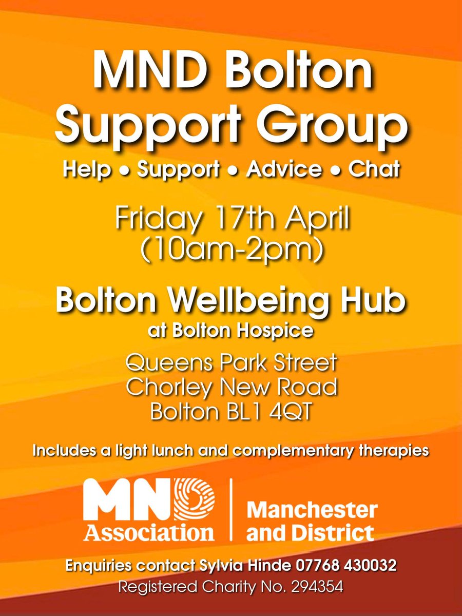 MNDManchester's tweet photo. Bolton MND Support Group, this Friday 17th April (10am-2pm) at The Wellbeing Hub, Queens Park St, Chorley New Road, Bolton BL1 4QT. Includes light lunch and complementary therapies…All are welcome 🧡💙 #MND https://t.co/dtnkW1n3z0
