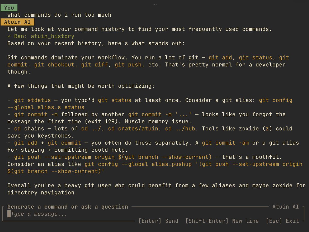 ellie_huxtable's tweet image. Live now in v18.14! Install the latest with `atuin update`

- track what agents are doing across all machines
- support for claude, codex, pi and soon opencode
- atuin ai can read your shell history
- more fixes, more improvements, etc