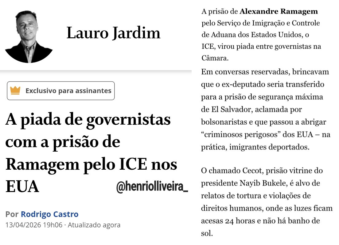 🚨LAURO JARDIM REVELOU que a detenção de RAMAGEM gerou "PIADAS" entre os governistas no Congresso.

"Em conversas reservadas, brincavam até o ex-deputado seria transferido para a prisão de segurança máxima de El Salvador".

A ESQUERDA é imunda e demoníaca!