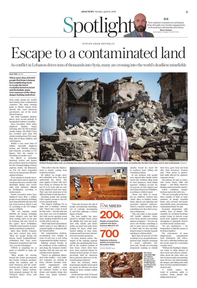 arabnews's tweet image. #SPOTLIGHT: Over 200k people have crossed into #Syria from #Lebanon since March 2, only to land in one of the world’s most #landmine-contaminated regions arab.news/cukqv