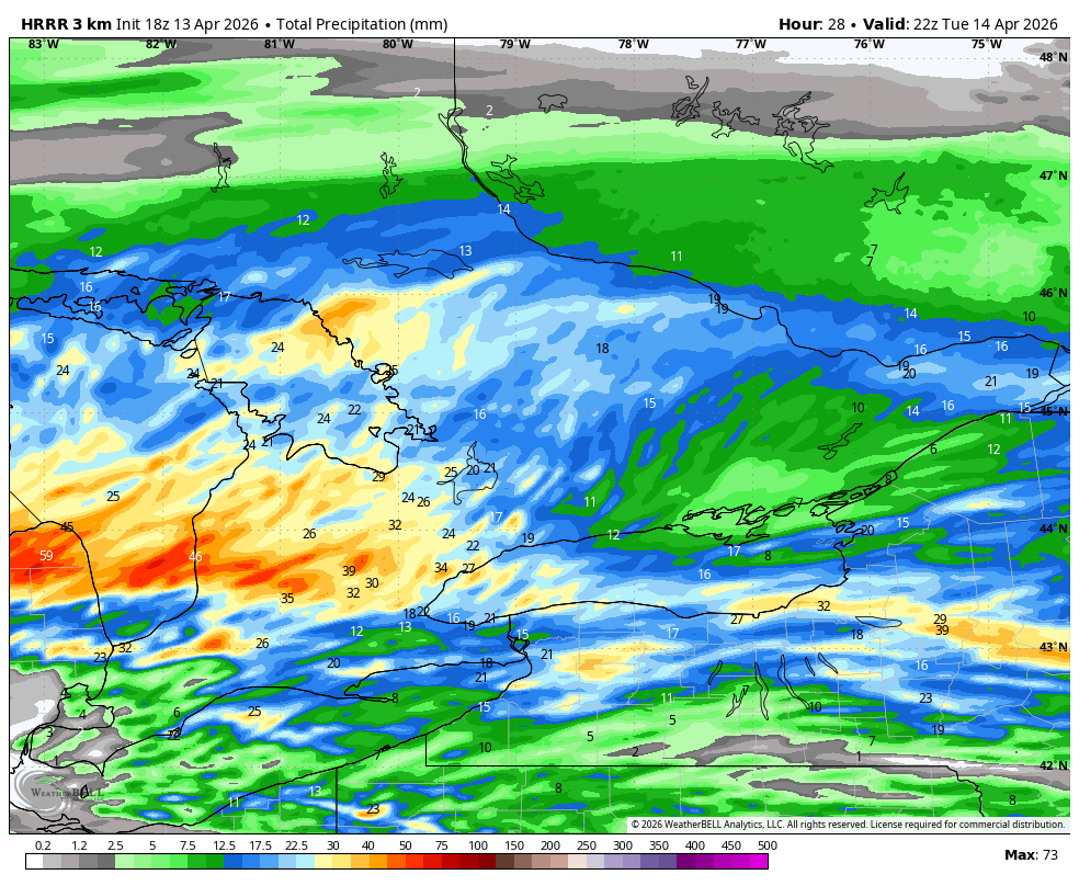 WxOntario1's tweet image. Next batch of rain moves into Southern #Ontario overnight/ tomorrow AM

This could come in the form of a decaying MCS (Mesoscale Convective System)

Quite the light show/ heavy rain is expected across SW Ont early AM (15-30+mm)

It will weaken significantly through the AM

Rain