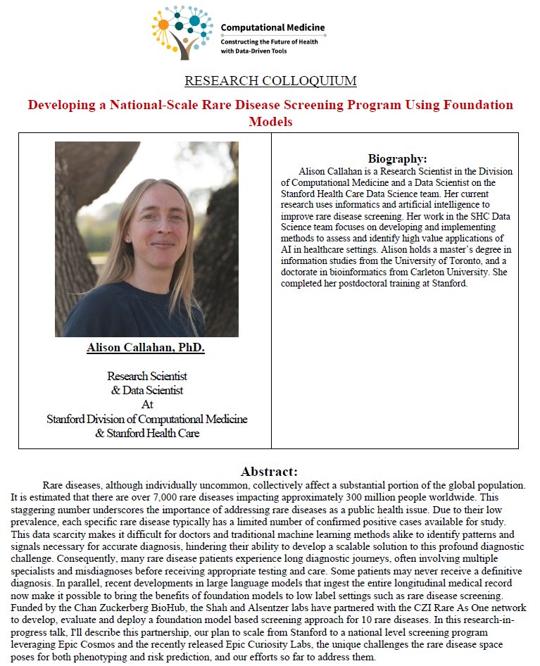 StanfordCompMed's tweet photo. "Developing a National-Scale Rare Disease Screening Program Using Foundation Models"
Alison Callahan, PhD. 
Thursday, April 16th, 2026 
12:00 to 1:00 pm PST 
Live Stream: https://t.co/qH3qdU4BvY
Webinar ID: 978 8759 6012 
Webinar Passcode: 420642 https://t.co/lXKBwCCmKZ