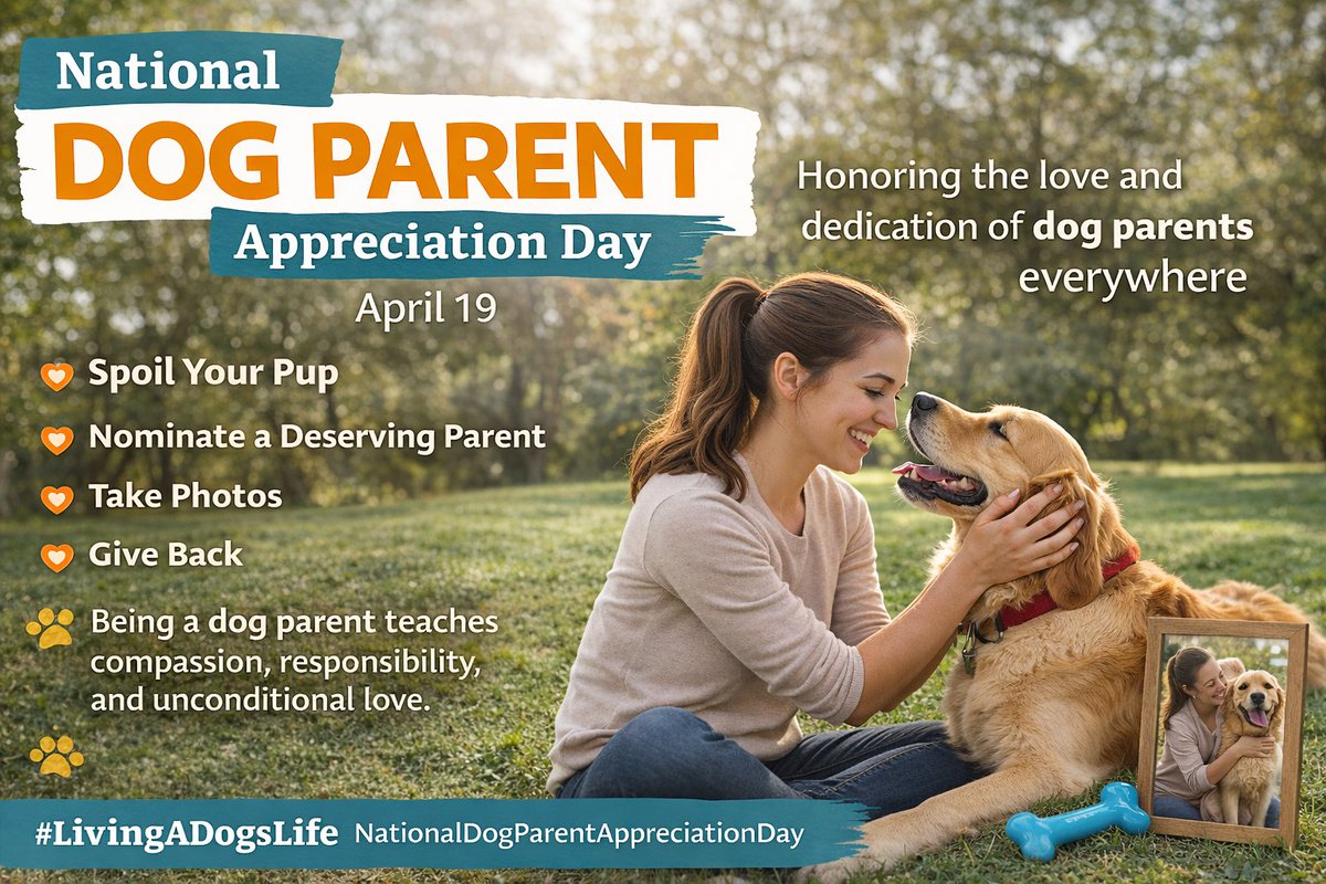 Liv1ngadogslife's tweet image. April 19 is National Dog Parent Appreciation Day
We celebrate the love, patience, &amp;amp; dedication it takes to care for your pup. You give them comfort, happiness, and unconditional love every day.
Because a great life for them starts with you.
#DogParentAppreciationDay #DogMom