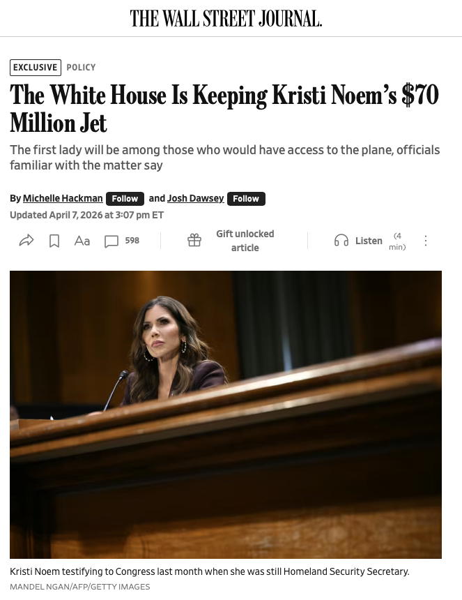 SenPeterWelch's tweet image. Remember when President Trump came into office declaring that he was going to cut wasteful government spending?

Apparently, that doesn’t apply to the $70 million luxury jet Kristi Noem bought with taxpayer money.