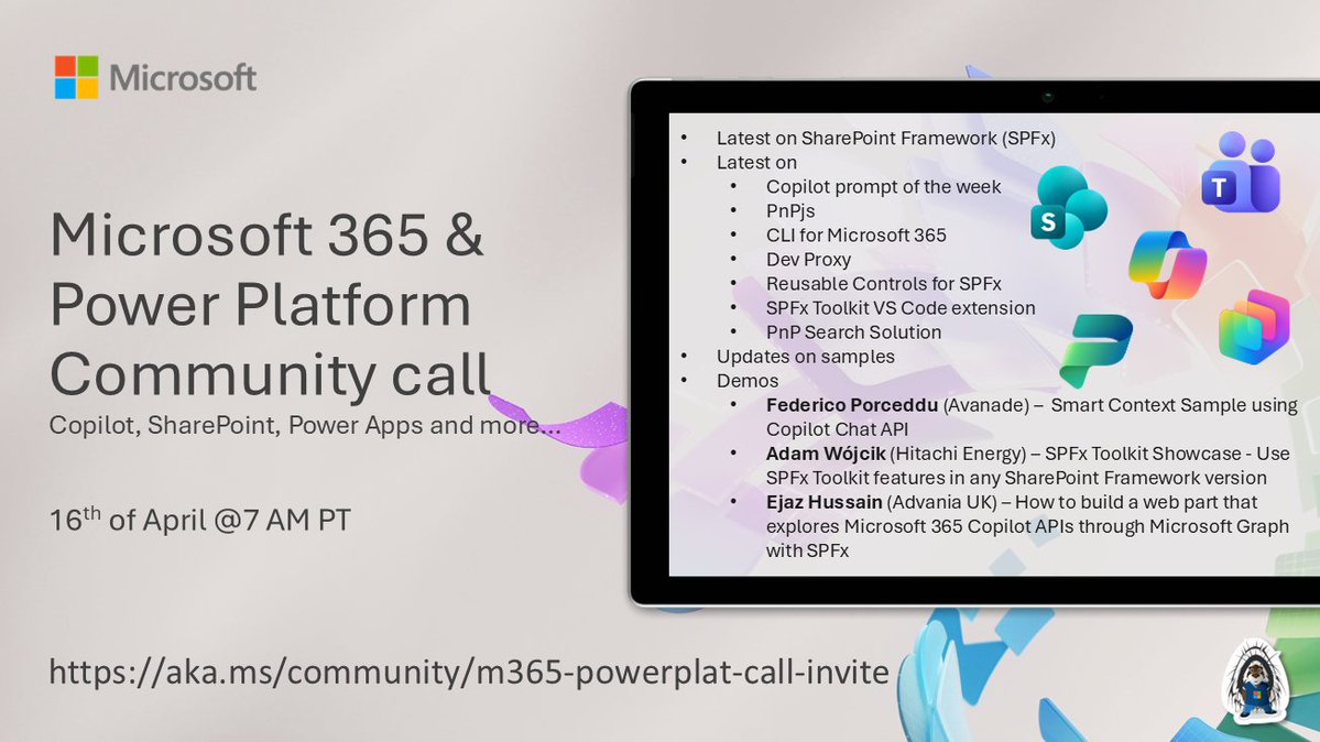 SharePoint's tweet image. 📅 Agenda for the #Microsoft365 &amp;amp; #PowerPlatform Community call 16th of April

• The latest updates ⚡
• Focus on #SPFx, #SharePoint &amp;amp; #Copilot
• Presented by @FedericoSPDev, Adam Wójcik &amp;amp; @EjazHussain_

+more! 🚀

👋 Join the call → msft.it/6018QA82i