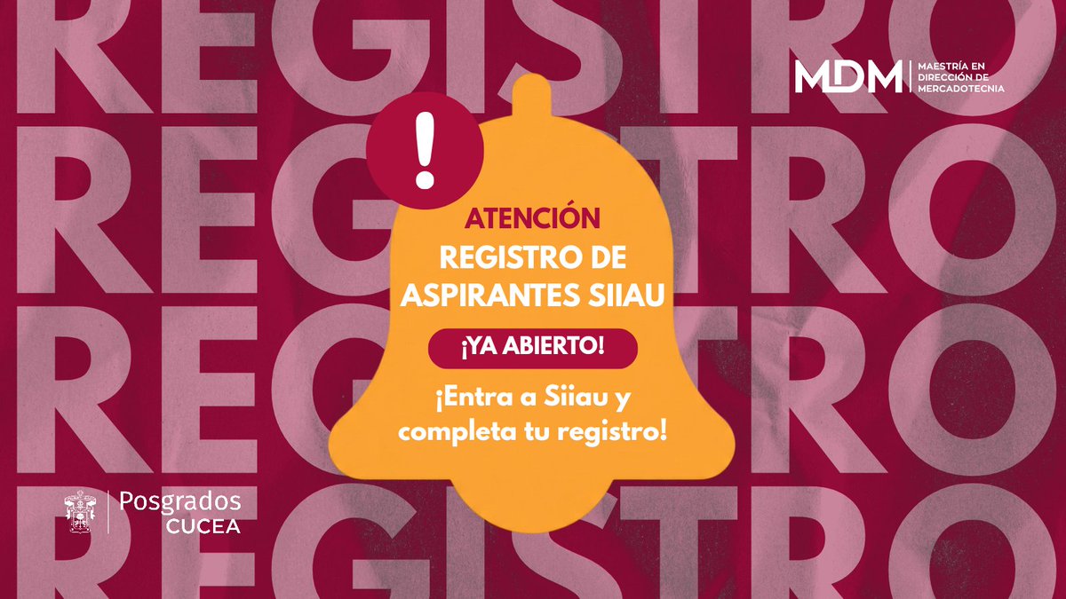 CuceaMdm's tweet image. ¡Atención! La plataforma SIIAU para el registro de aspirantes a la Maestría en Dirección de Mercadotecnia ya está disponible.

Es el momento de formalizar tu registro.

Accede al enlace: 🔗tramitepi.escolar.udg.mx/RegistroPI/ind…

#MDM #CUCEA #Marketing