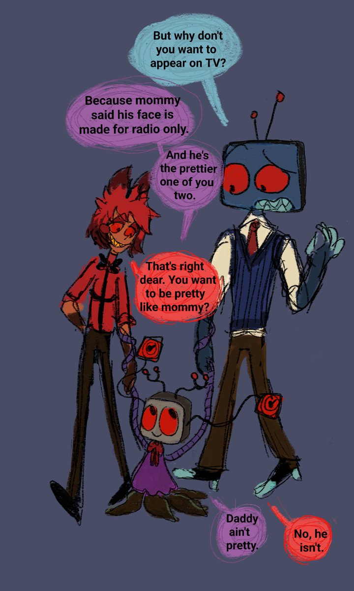 umoiranano's tweet photo. I made my own radiostatic fankid! One time, they did it while in their full demon forms when Alastor was in heat, and tadaa, Charis was born. They both adore her very much.

#radiostatic #voxal #radiostaticfankid #hazbinhotelfankid #charisau https://t.co/fm6SKGW5sx