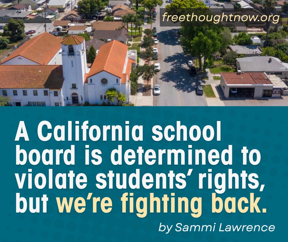 FFRF's tweet image. "While we’re confident in our chances of ultimately winning this case," writes FFRF Staff Attorney Sammi Lawrence, "this situation should serve as a reminder of the importance of electing school board candidates who believe in the First Amendment." ffrf.us/480nlKV