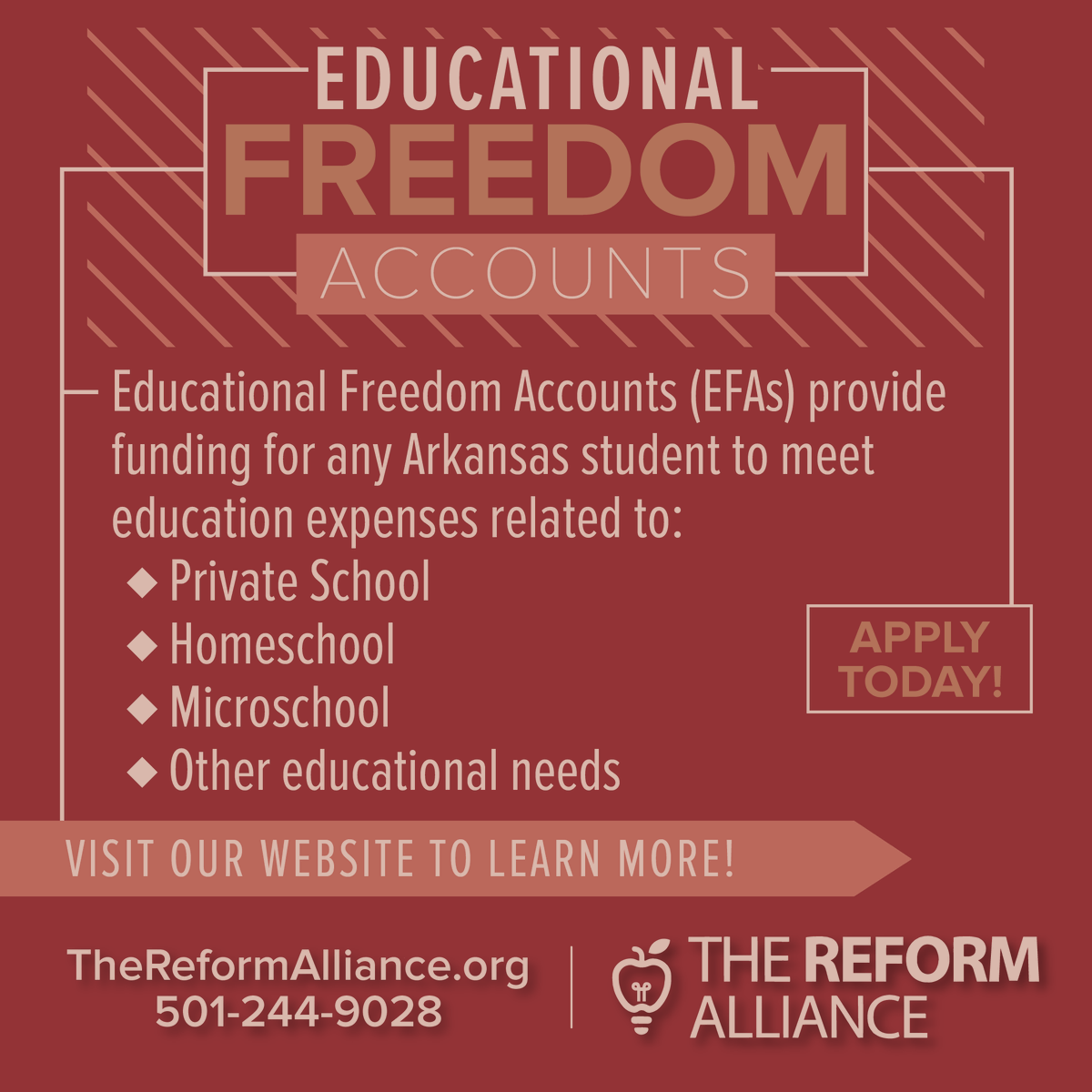 1ReformAlliance's tweet image. Applications for the EFA program for the 2026-27 school year are open, with every student in Arkansas eligible to apply for funding! Find more information and a link to applications on the EFA website:
dese.link/efa
#ared #SchoolChoice #FindYourFit #LEARNSworks