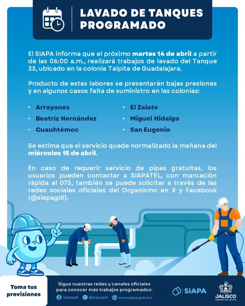 ⚠️ Aviso Importante ⚠️

👷🏽💧En atención al compromiso del Director General del #SIAPA, Ismael Jáuregui Castañeda, el organismo informa a la ciudadanía los trabajos programados de limpieza en el Tanque 33.

Estas acciones forman parte de la estrategia inmediata para mejorar la