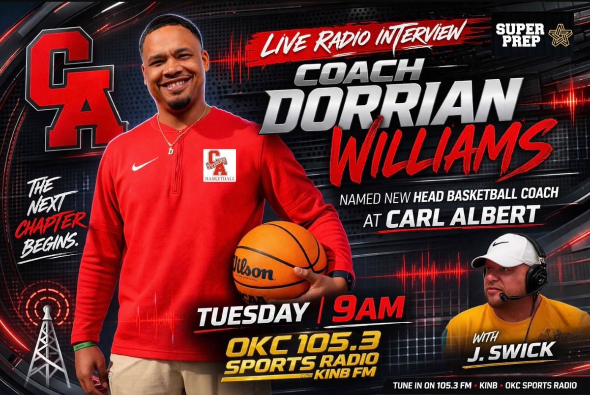 prep_super's tweet photo. TUNE IN Tuesday April 14th @ 9AM on @OKCCBSSPORTS105 🎙️ For New #CarlAlbert Head Coach Dorrian Williams First LIVE Radio Interview w/ J. Swick

LISTEN LIVE 🔊 https://t.co/qQNqQdD97H https://t.co/xGvIPizDDd