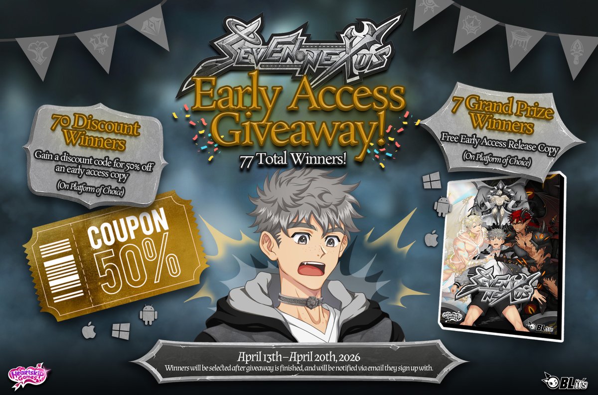 blitsblgames's tweet photo. We're also hosting our LARGEST GIVEAWAY EVER 🎉 - Seventy-Seven Winners will receive either a Free Copy of #SevenNexus Early Access, or a discount code for 50% off their purchase!🎁

Enter at the link below:
https://t.co/I5J7BIZhu2 https://t.co/Rt02Reyj5x