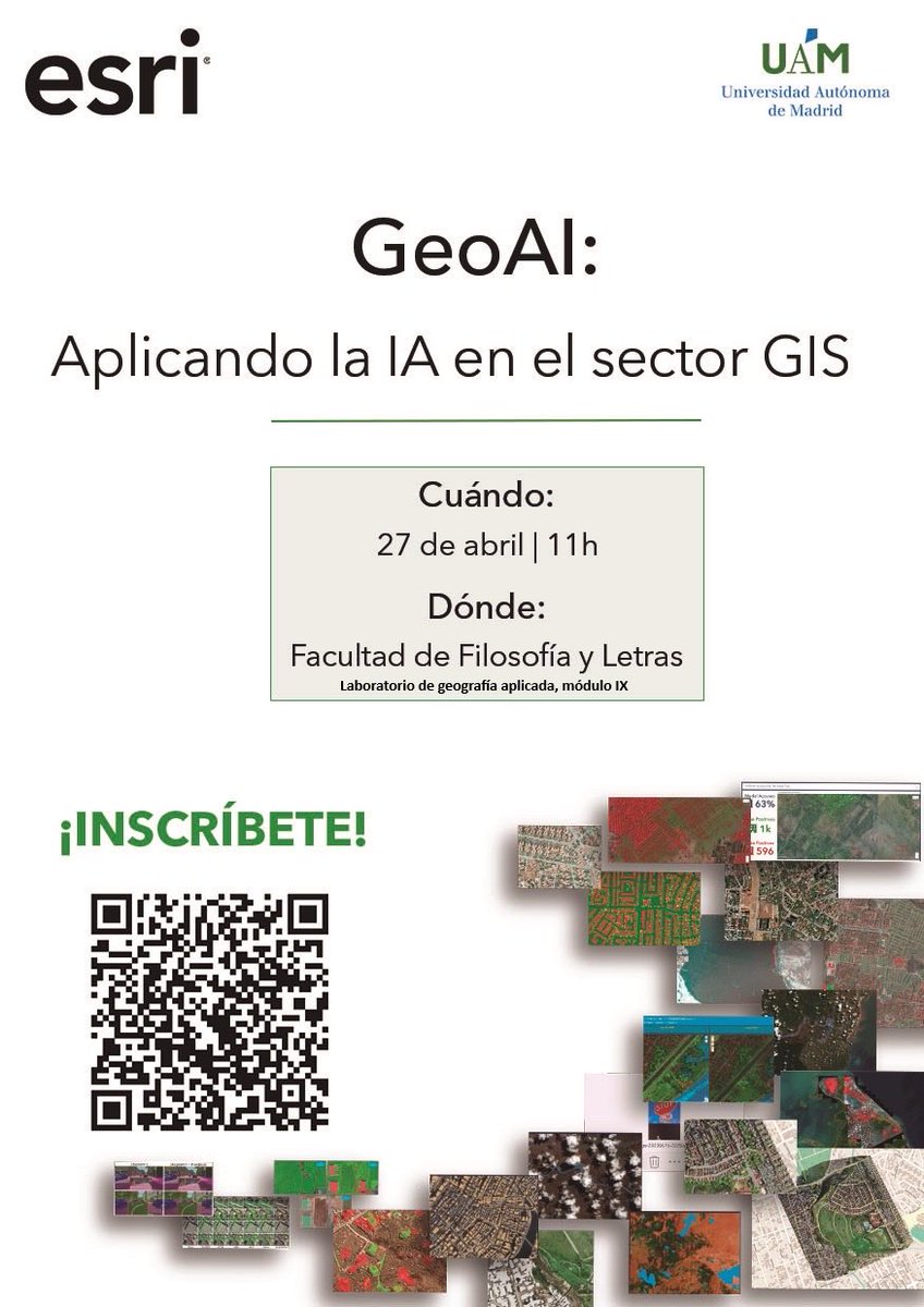idegeohis's tweet photo. Desde IDE-GEOHIS de la UAM os animamos a asistir a la sesión “GeoAI: Aplicando la IA en el sector GIS”, con Laura García Juan y especialistas de @Esri_Spain.
📅 27 de abril
🕚 11:00 h
📍 Fac. de Filosofía y Letras (UAM)
Laboratorio de Geografía Aplicada, m. IX
Inscripción en QR https://t.co/Ce50nGDCKK