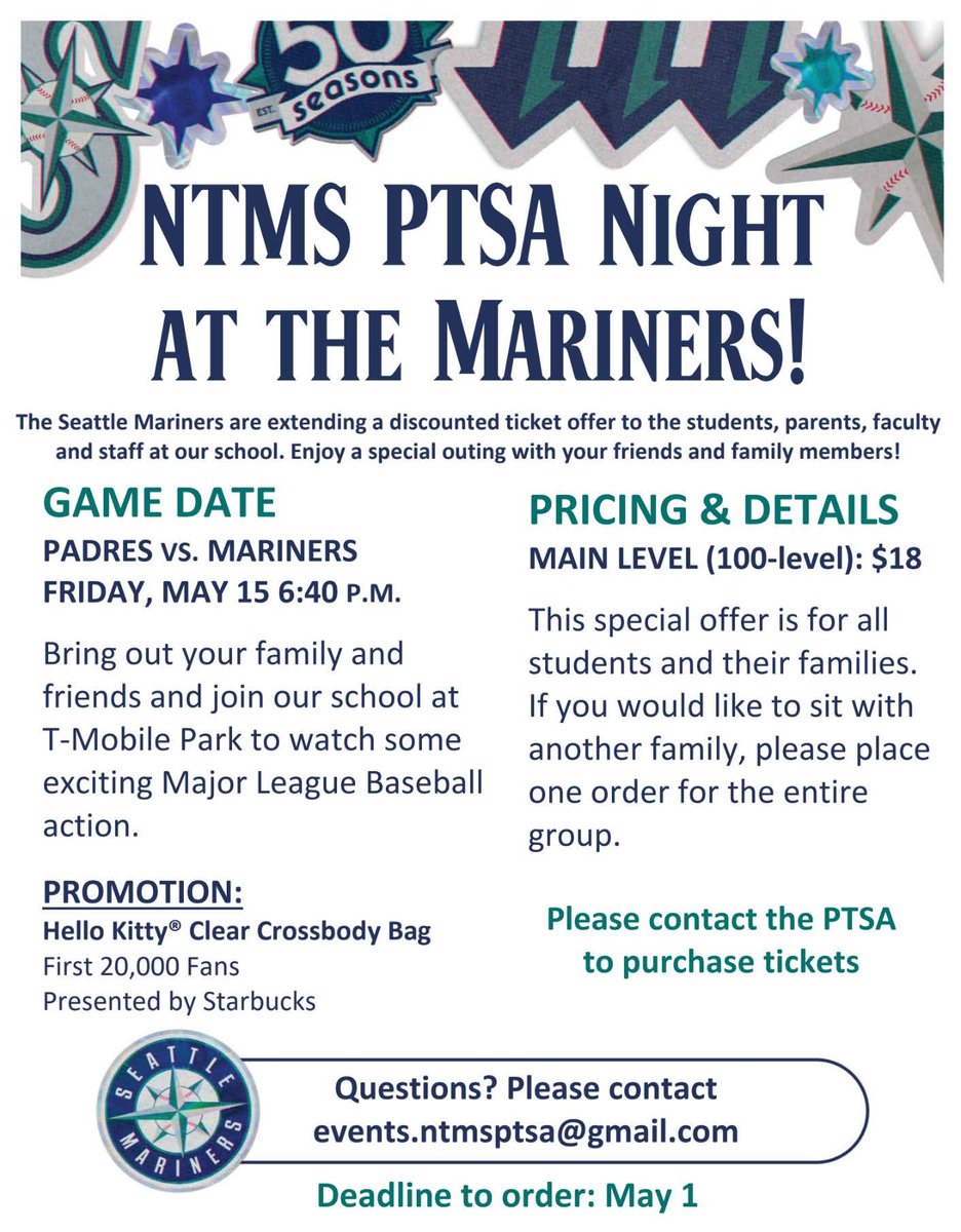 NorthTappsMS's tweet photo. Join us for NTMS PTSA Night at the Mariners⚾
Padres vs Mariners

May 15, 2026
6:40 pm
$18 per ticket
Ticket sales close May 1, 2026
 https://t.co/onBl8OQQu3 https://t.co/vtaec83D6W