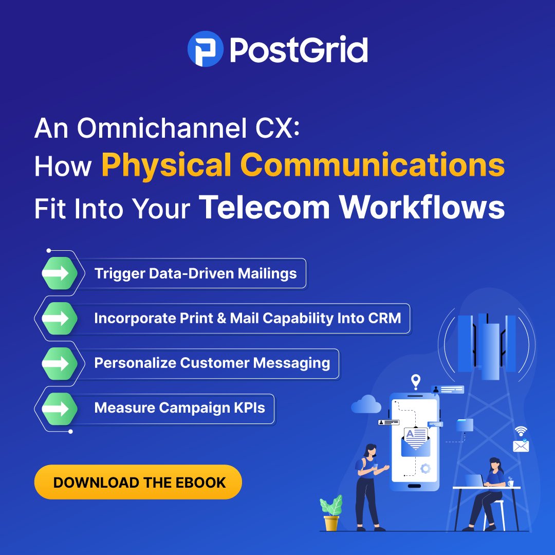 PostGridInc's tweet photo. Our latest ebook dives deep into how the world’s leading telecom providers are using automation to make physical communications as agile as their fiber networks. From automated compliance letters to high-conversion "Win-Back" postcards, it’s time to move your Print & Mail strategy into your existing CRM.

In this ebook, you’ll learn how to:
≫Trigger Relevant Campaigns: Use real-time user behavior to dispatch mail.
≫Add Print & Mail to Your CRM: Eliminate silos between your tech stack and the mailbox.
≫Personalize at Scale: Move beyond 'Dear Customer' with dynamic data injection.
≫Measure Performance: Get full visibility into delivery and engagement metrics.

Download the full guide and modernize your CX strategy: https://t.co/rOFa0ERJyj 

#TelecomMarketing #CustomerExperience #Omnichannel #PrintMailAutomation #SaaS #CXStrategy #DigitalTransformation #TelecomOps