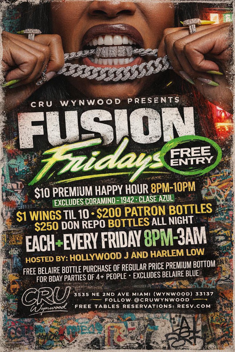 Friday Nights at Cru Wynwood
📍 3535 NE 2nd Ave, Miami (Wynwood)
Free Entry All Night 🎟️
Bottle Specials All Night Long:
🥃 $200 Patrón Bottles
🥃 $250 Don Repo Bottles
🥃 $500 Big Don Bottles
⚪️ FULL BAR
⚪️ FULL KITCHEN
⚪️ HOOKAHS
⚪️ $1 WINGS TIL 10PM 
⚪️ happy hour 8PM -10PM